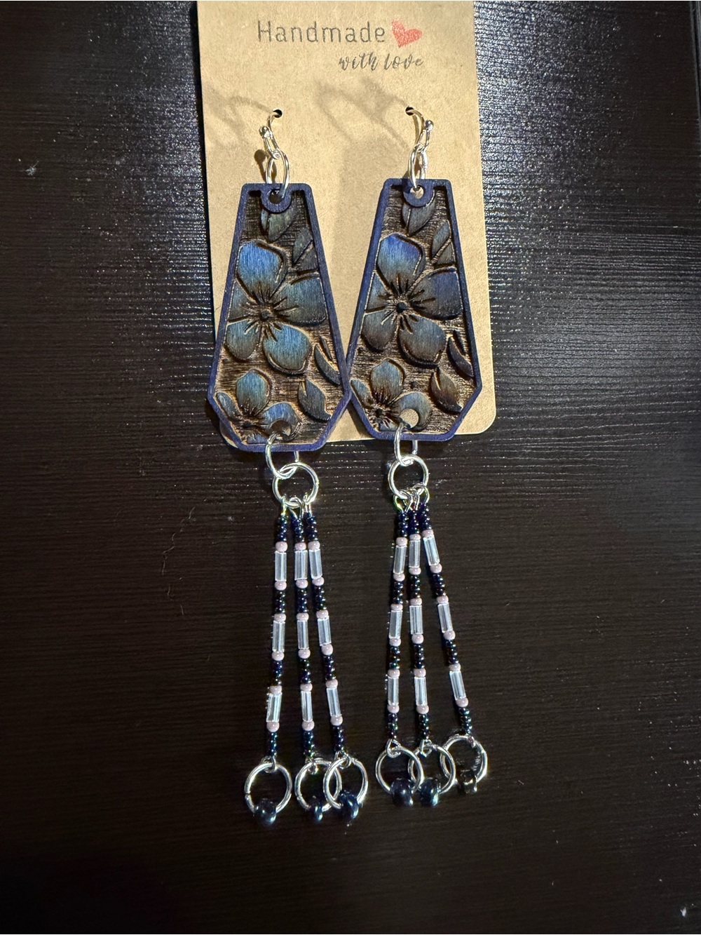 Hand Painted Wooden Floral Dangle Earrings in Blue